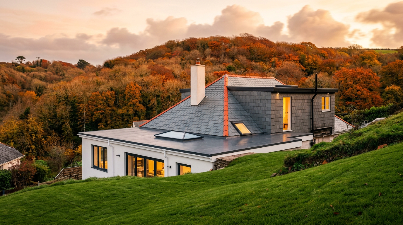 Premium home with a freshly installed slate roof at golden hour